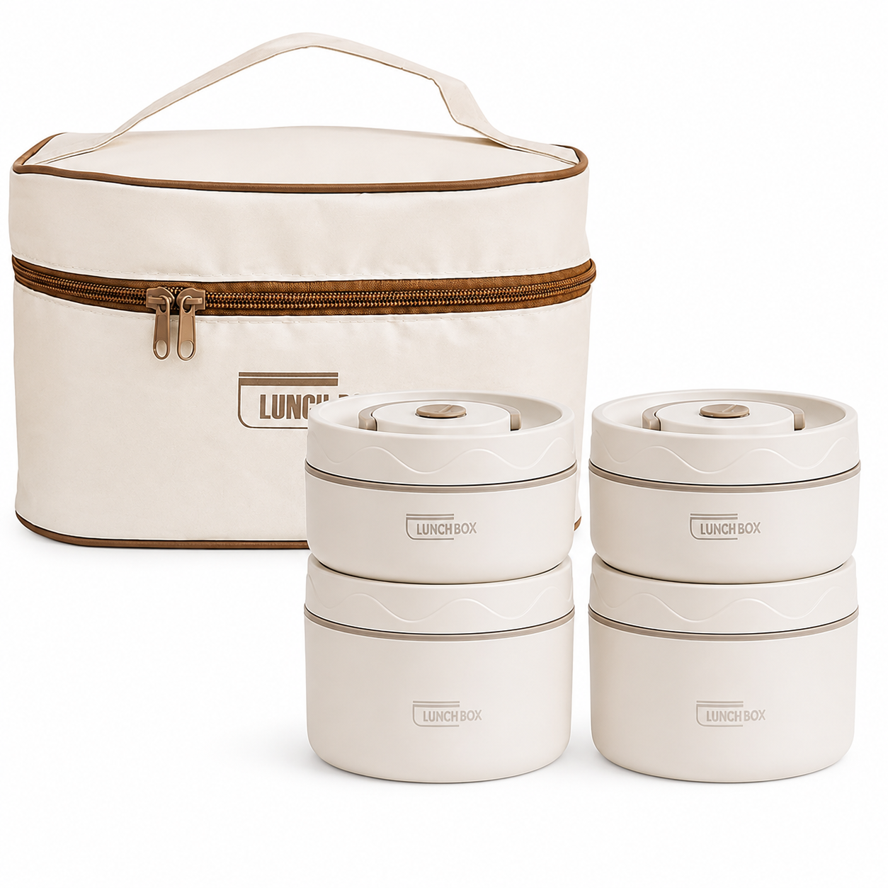 NEST - Lunch Box Isotherme 4 Compartiments Empilables en Inox avec Sac de Transport - Beige