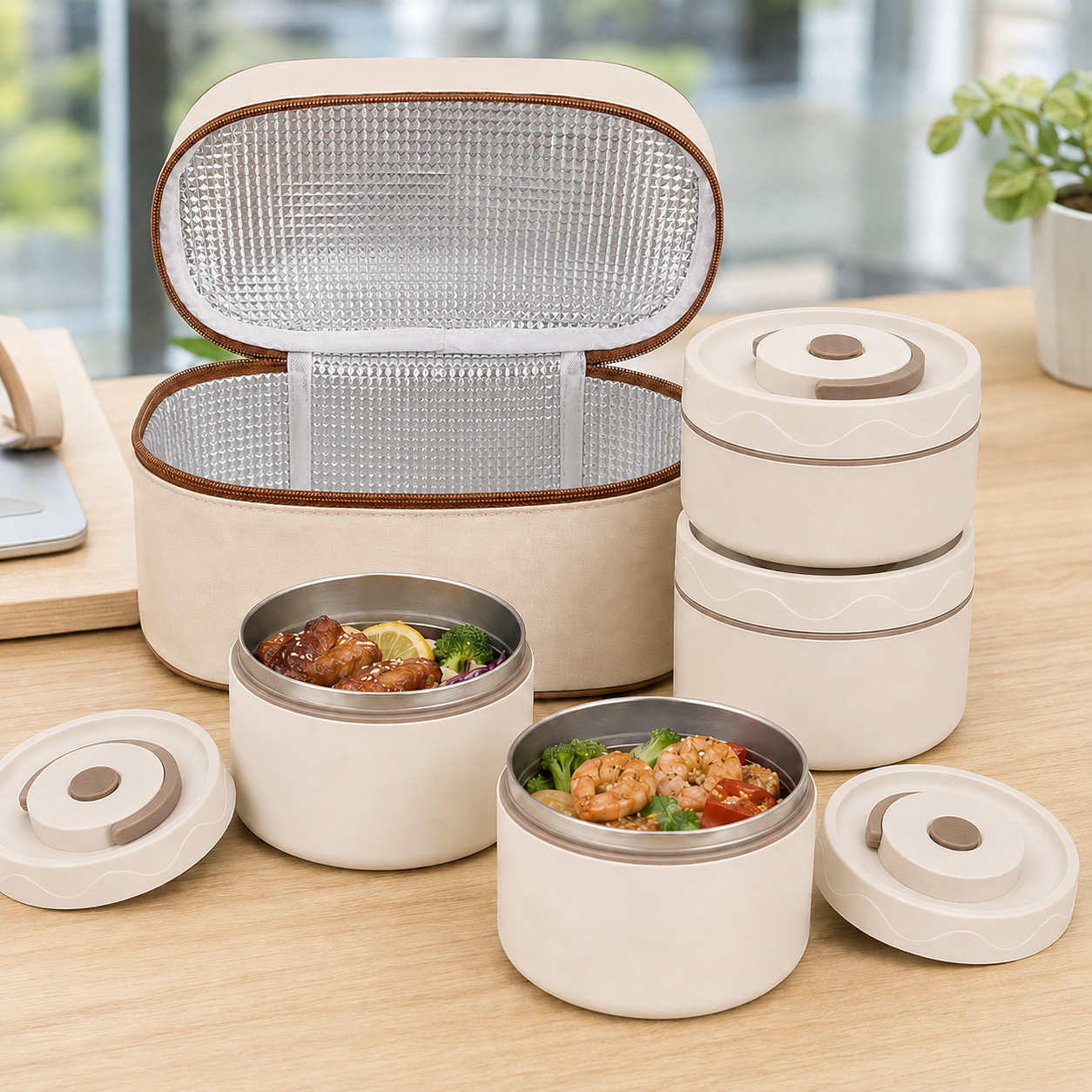 NEST - Lunch Box Isotherme 4 Compartiments Empilables en Inox avec Sac de Transport - Beige 2