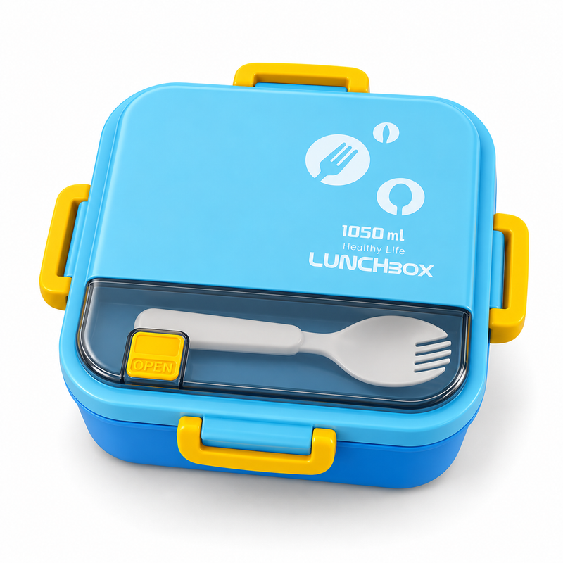 NEST - Lunch Box Enfant 3 Compartiments 1050 ml avec Couverts - Bleu & Jaune