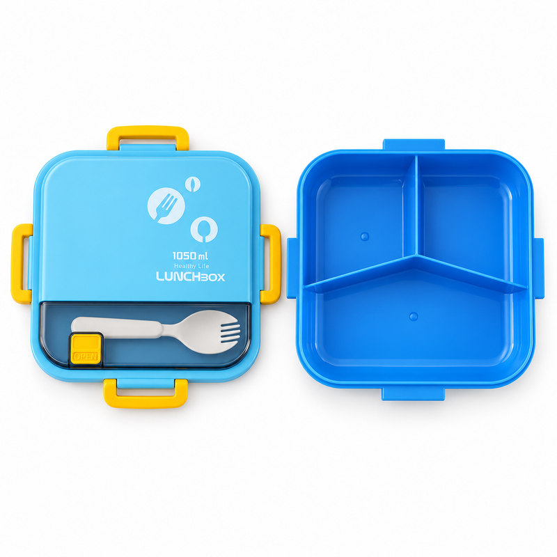 NEST - Lunch Box Enfant 3 Compartiments 1050 ml avec Couverts - Bleu & Jaune 2