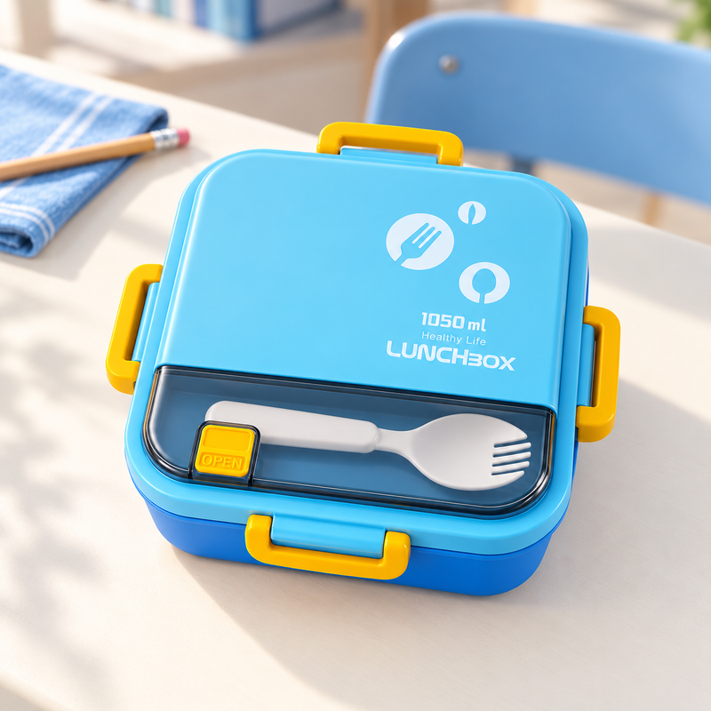 NEST - Lunch Box Enfant 3 Compartiments 1050 ml avec Couverts - Bleu & Jaune 3