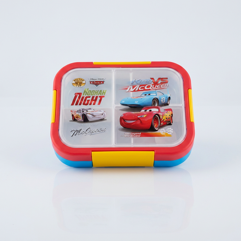 NEST - Lunch Box Enfant Compartimentée avec Couverts Motif Voiture de Course - Rouge, Bleu & Jaune