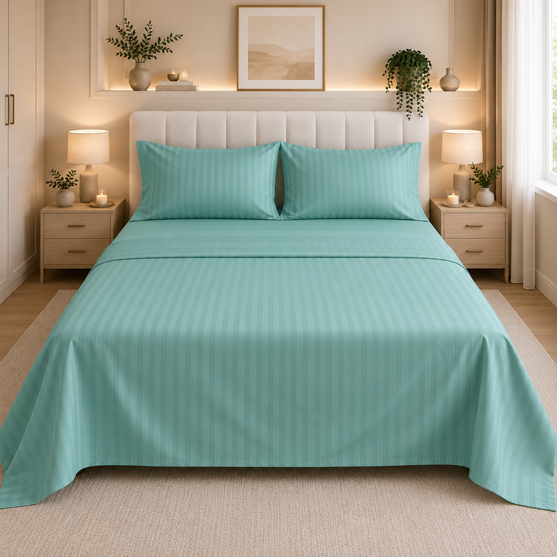 All&More - Parure de Lit 2 Place Motif Rayures - 230x240 CM - Vert D'eau